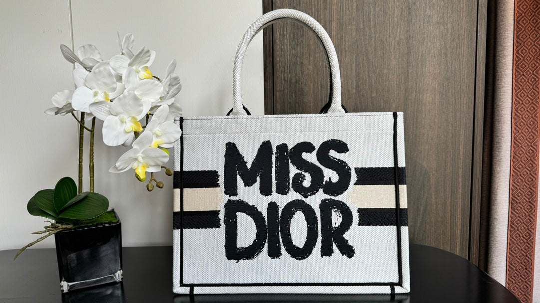 Christian Dior Miss Dior Graffiti Book Tote Bag - White and Black Canvas