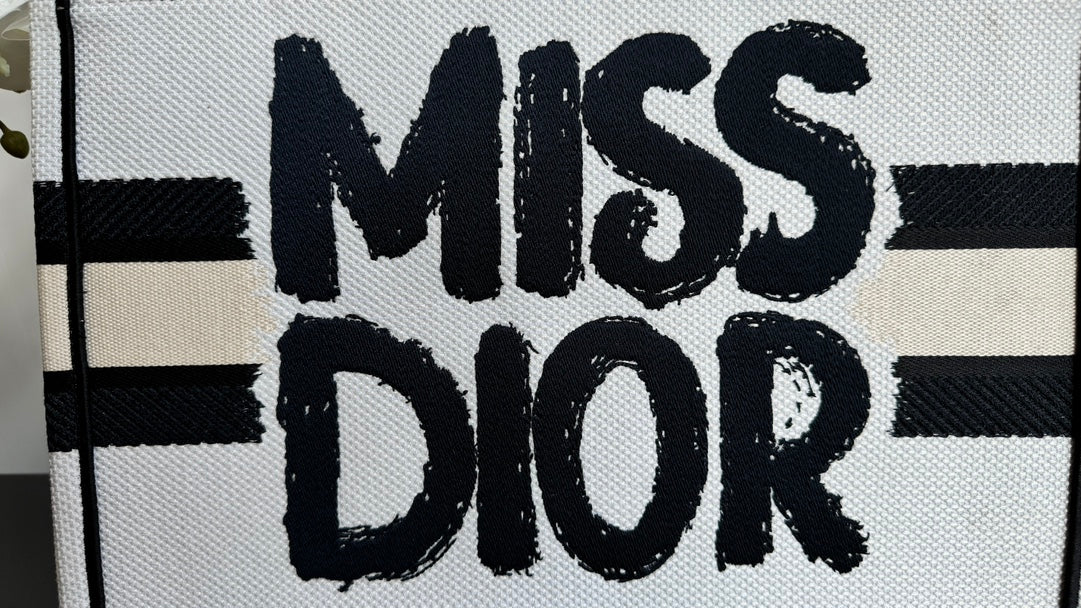 Christian Dior Miss Dior Graffiti Book Tote Bag - White and Black Canvas