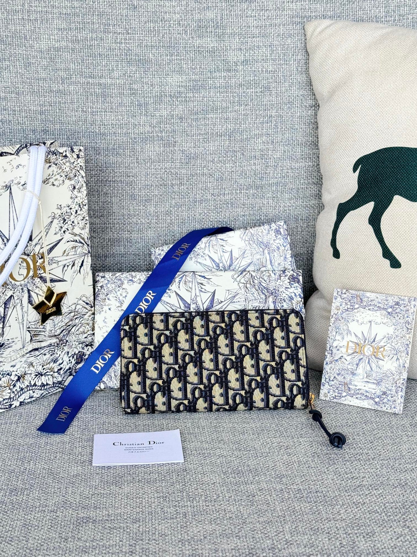 Dior Oblique Large Travel Zip Pouch Blue and Beige Jacquard Canvas