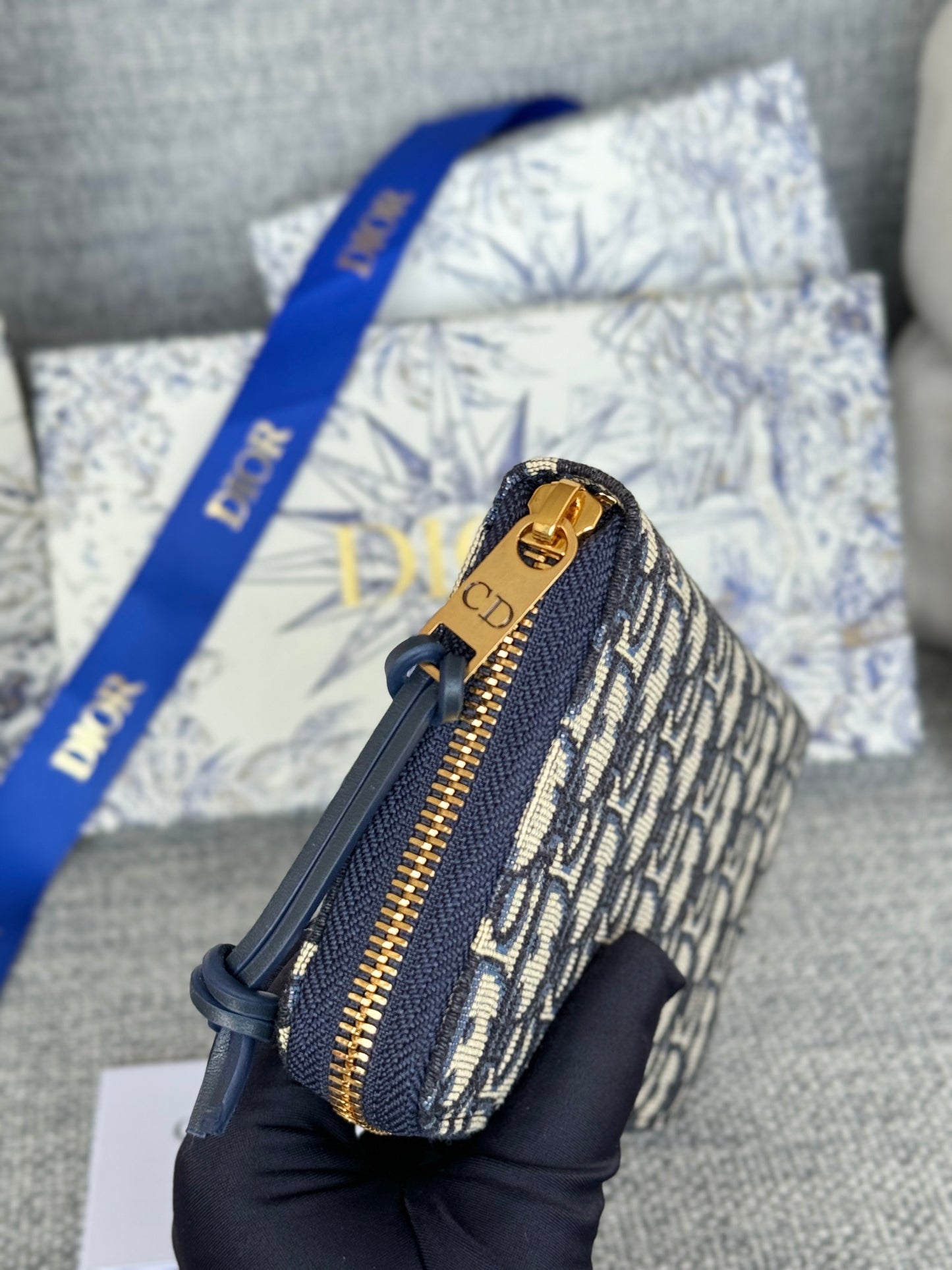 Dior Oblique Large Travel Zip Pouch Blue and Beige Jacquard Canvas