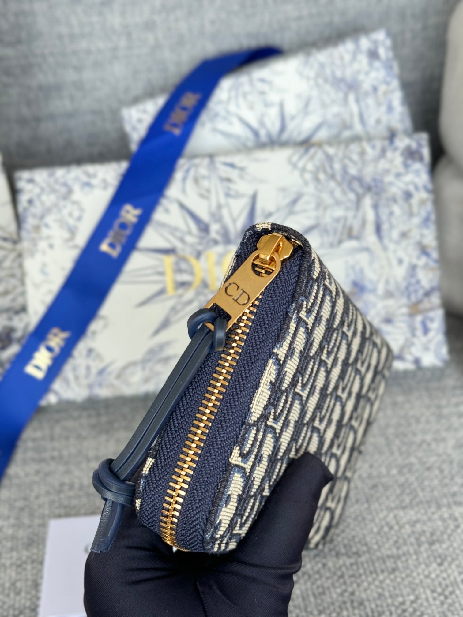 Dior Oblique Large Travel Zip Pouch Blue and Beige Jacquard Canvas