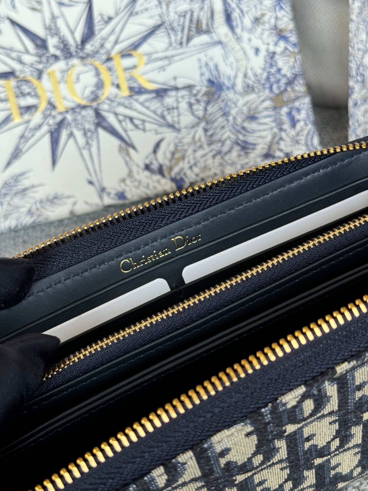 Dior Oblique Large Travel Zip Pouch Blue and Beige Jacquard Canvas