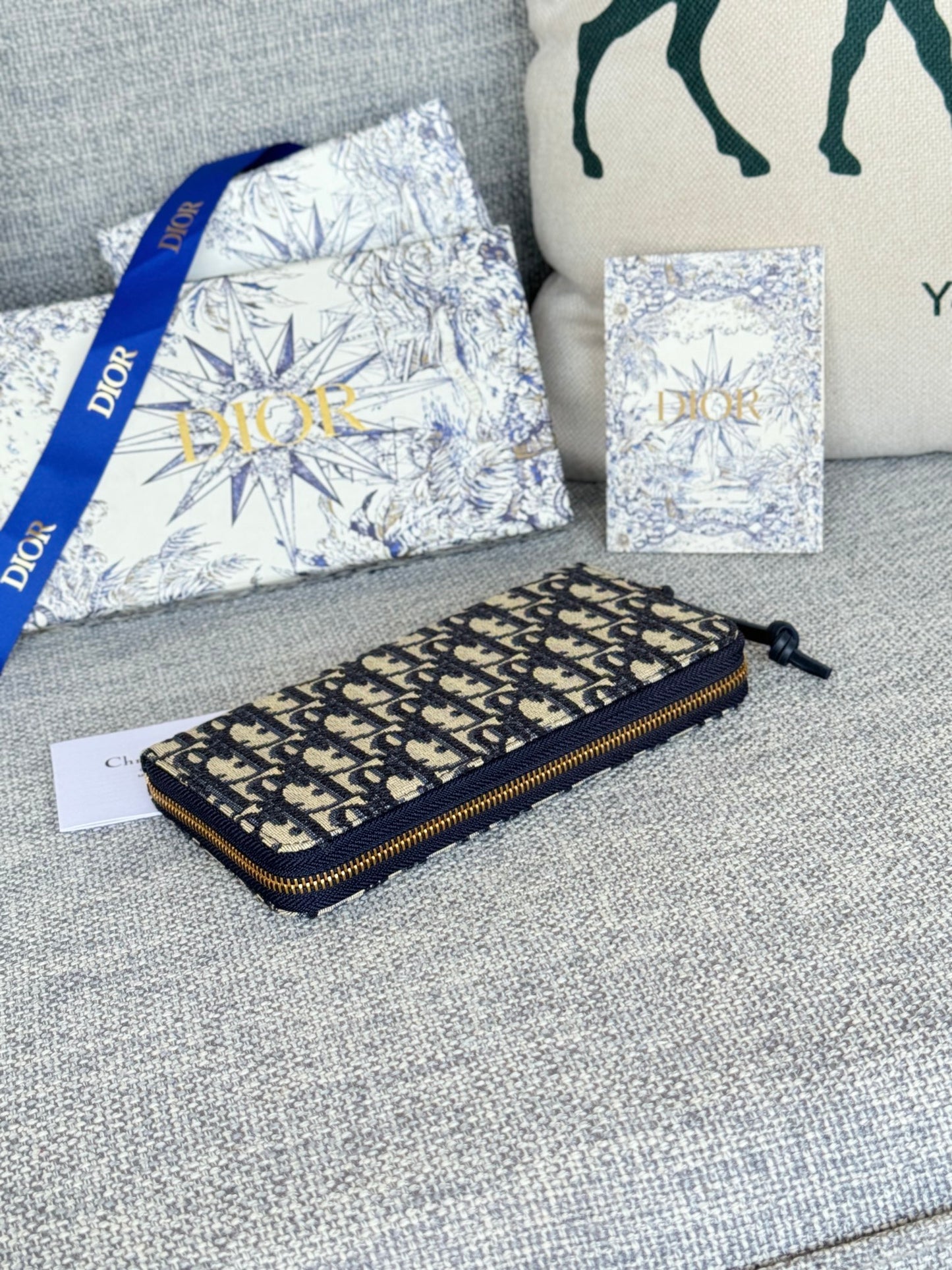Dior Oblique Large Travel Zip Pouch Blue and Beige Jacquard Canvas