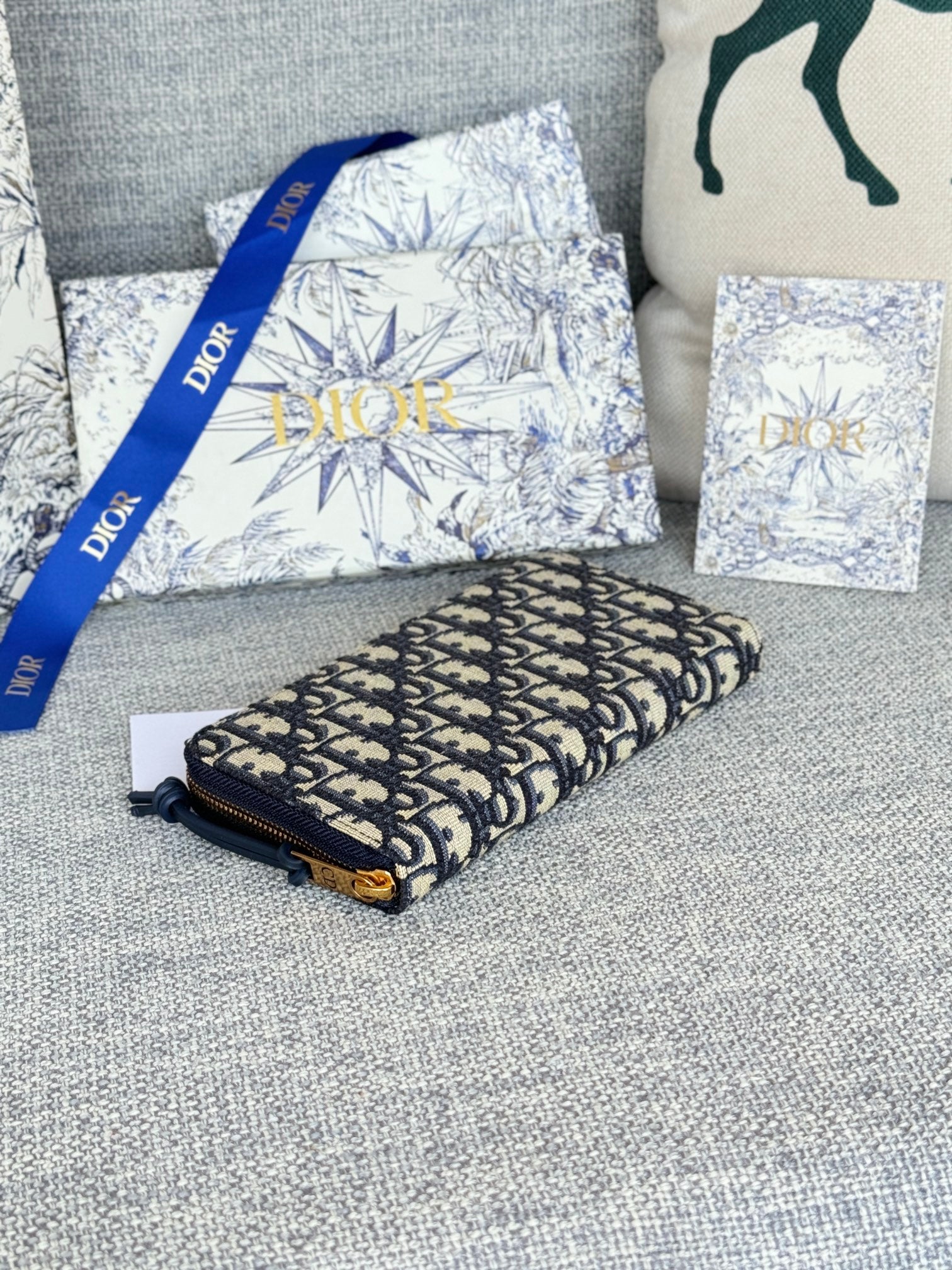 Dior Oblique Large Travel Zip Pouch Blue and Beige Jacquard Canvas
