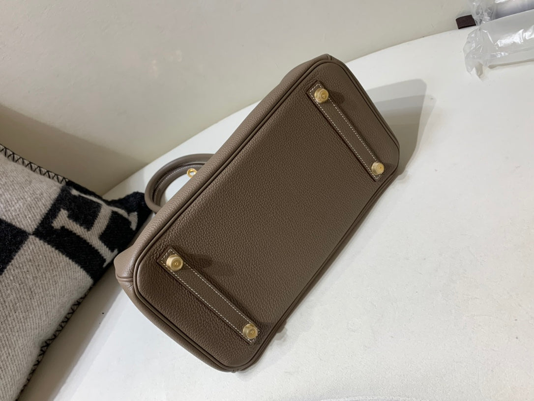 Classic Taupe Leather Top Handle Handbag with Gold-Toned Hardware