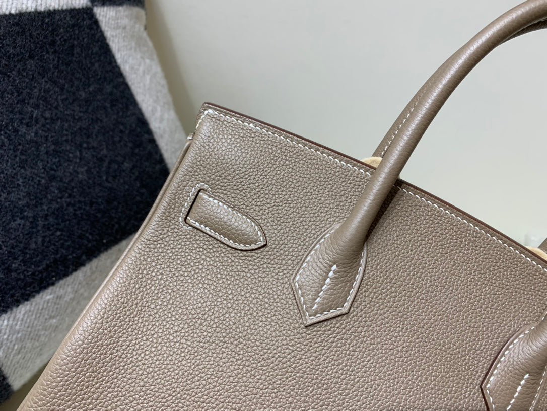 Classic Taupe Leather Top Handle Handbag with Gold-Toned Hardware