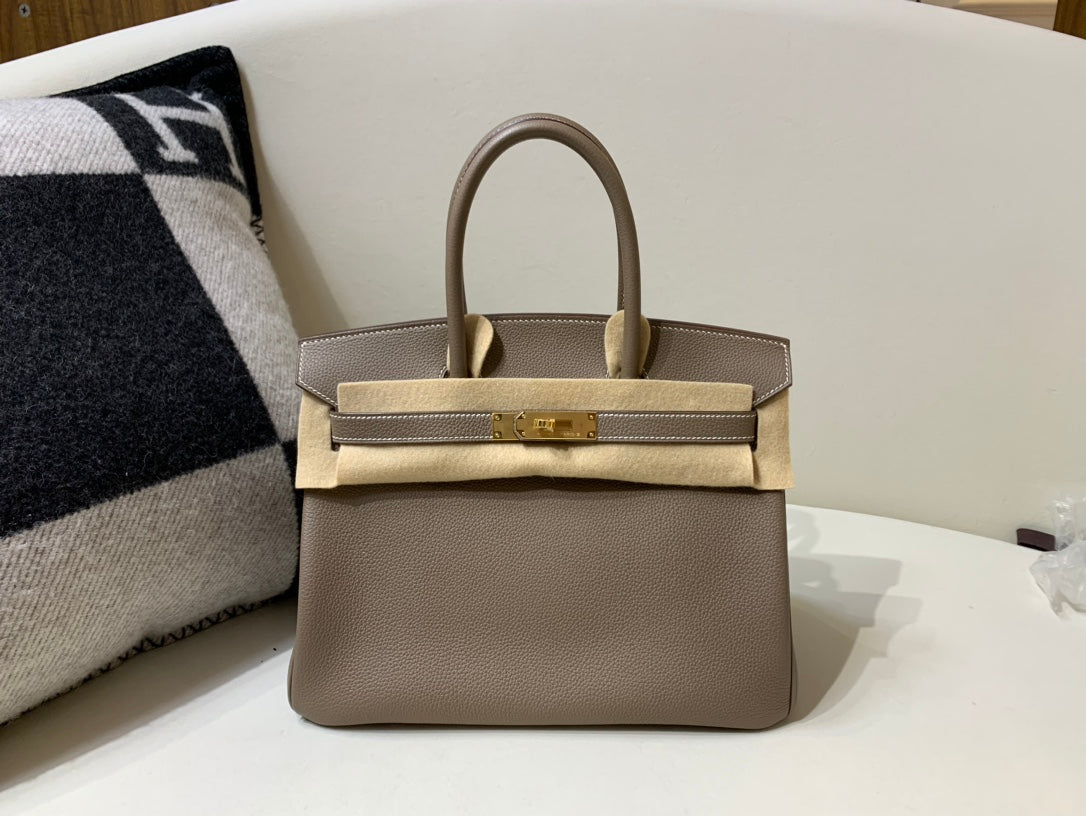 Classic Taupe Leather Top Handle Handbag with Gold-Toned Hardware