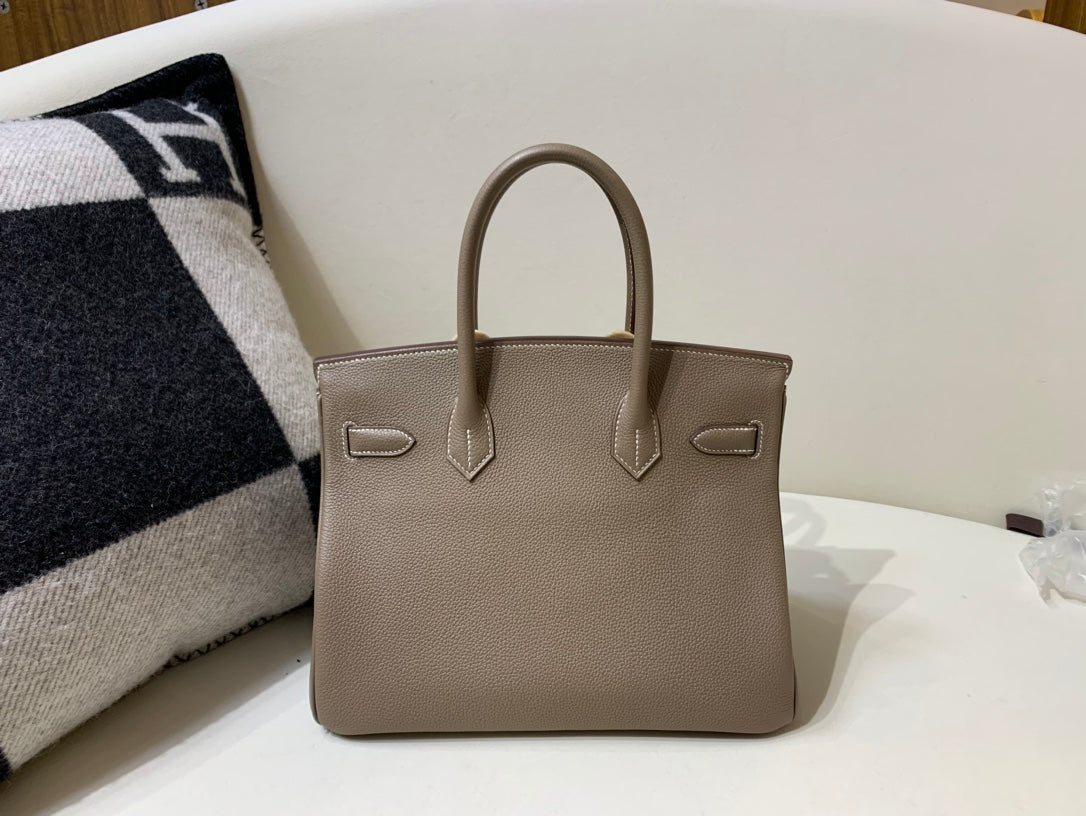 Classic Taupe Leather Top Handle Handbag with Gold-Toned Hardware