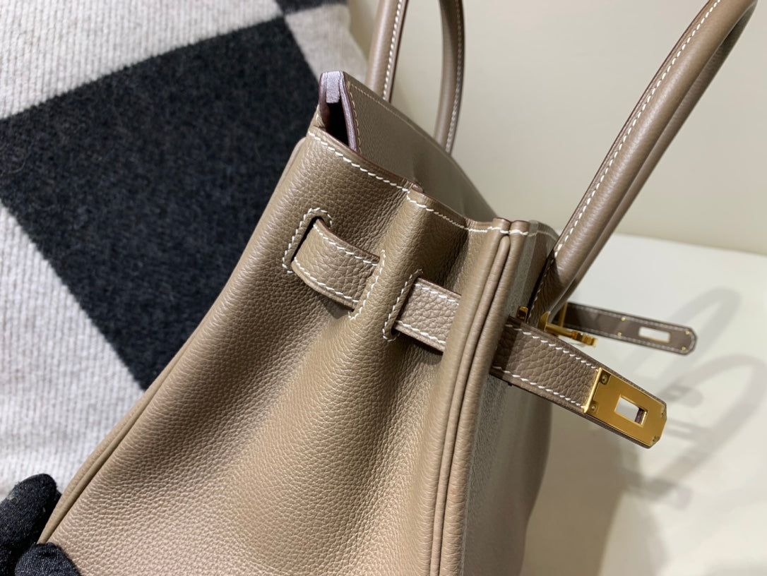 Classic Taupe Leather Top Handle Handbag with Gold-Toned Hardware