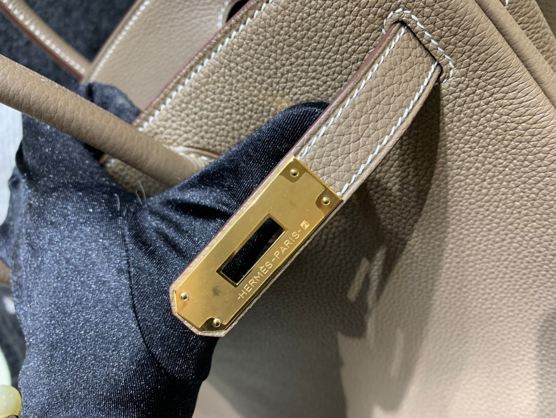 Classic Taupe Leather Top Handle Handbag with Gold-Toned Hardware