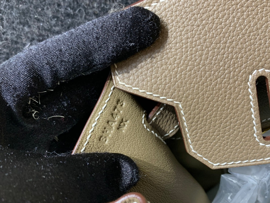 Classic Taupe Leather Top Handle Handbag with Gold-Toned Hardware