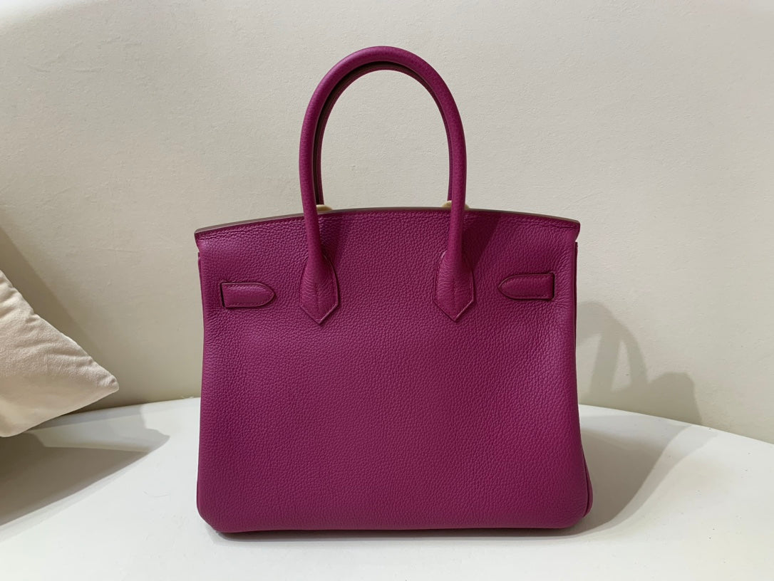 Vibrant Magenta Fuchsia Leather Top Handle Handbag with Gold-Tone Hardware