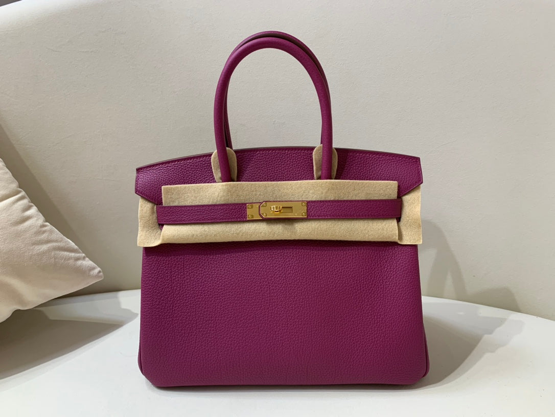 Vibrant Magenta Fuchsia Leather Top Handle Handbag with Gold-Tone Hardware