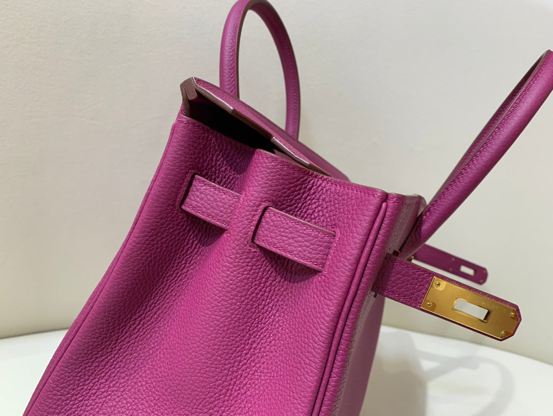 Vibrant Magenta Fuchsia Leather Top Handle Handbag with Gold-Tone Hardware