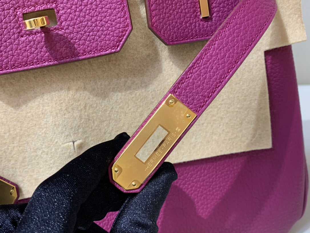 Vibrant Magenta Fuchsia Leather Top Handle Handbag with Gold-Tone Hardware