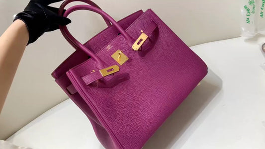 Elegant Magenta Purple Leather Tote Handbag with Gold-Tone Hardware
