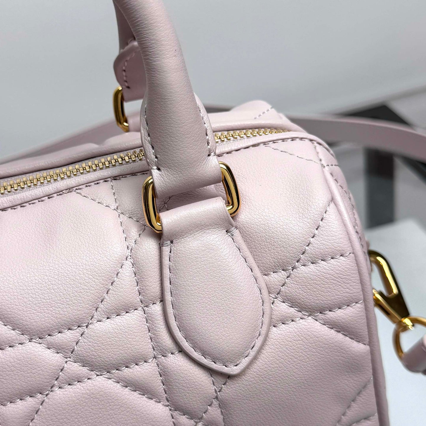 Christian Dior Small Lavender Cannage Lambskin Bowling Bag with Shoulder Strap