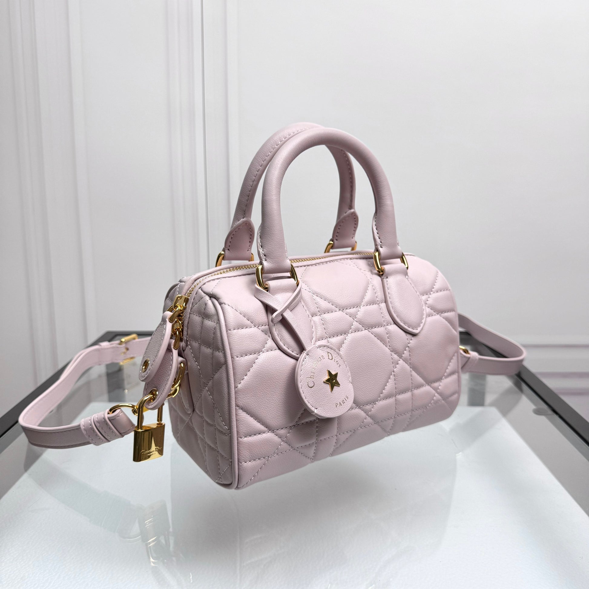 Christian Dior Small Lavender Cannage Lambskin Bowling Bag with Shoulder Strap