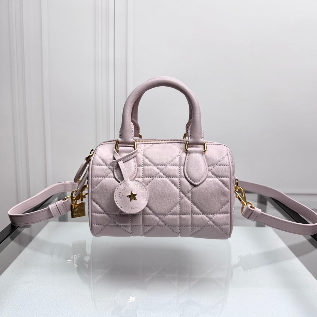 Christian Dior Small Lavender Cannage Lambskin Bowling Bag with Shoulder Strap