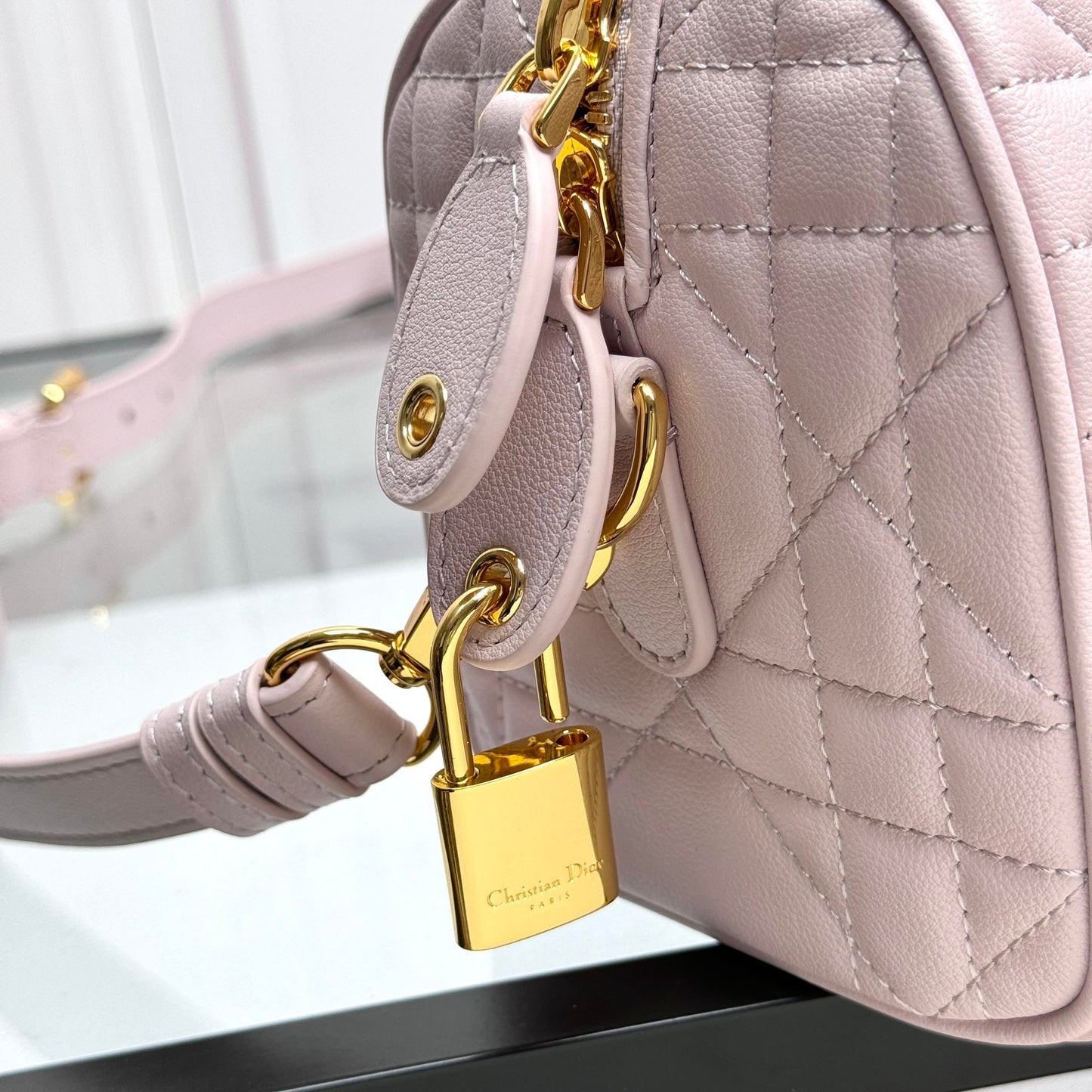 Christian Dior Small Lavender Cannage Lambskin Bowling Bag with Shoulder Strap