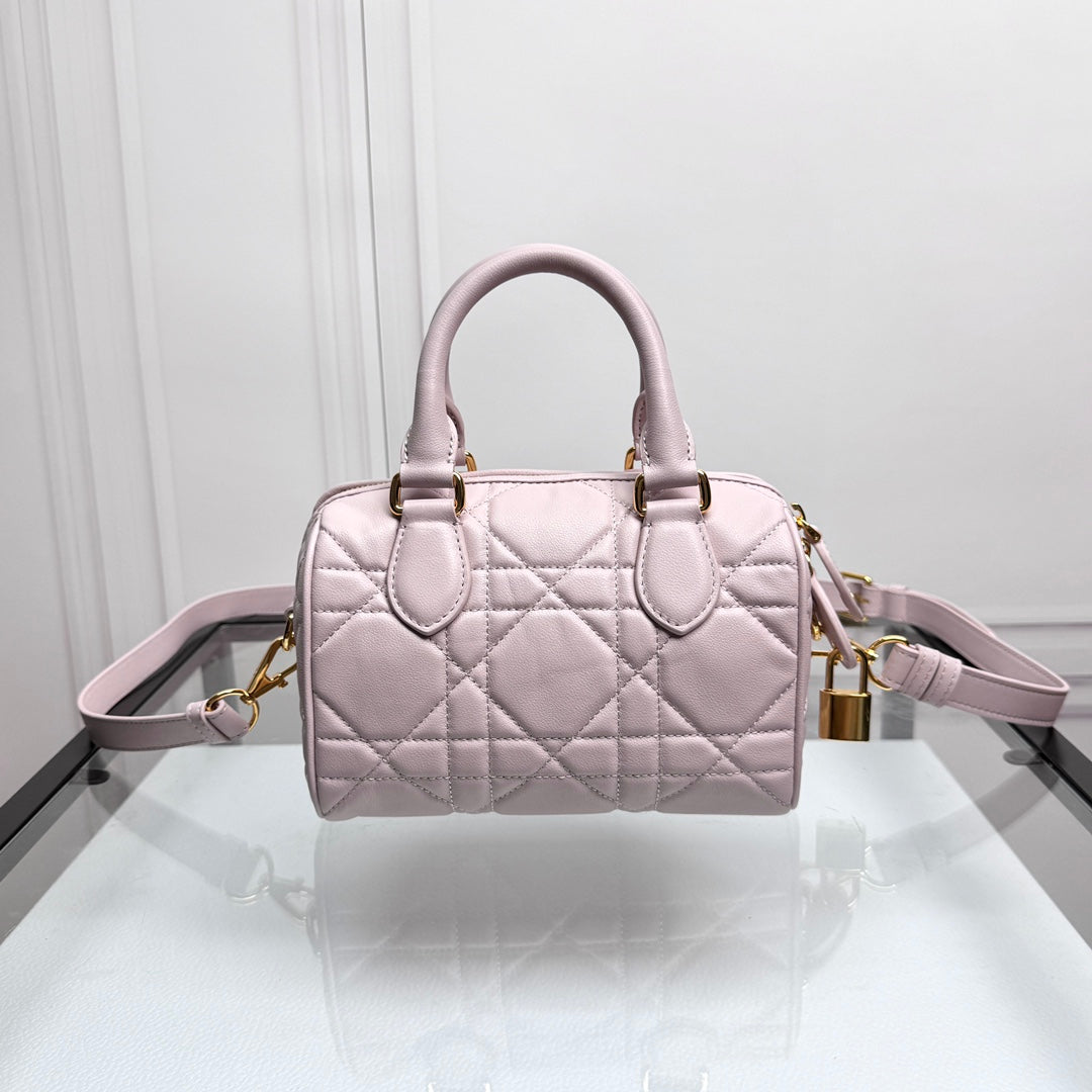 Christian Dior Small Lavender Cannage Lambskin Bowling Bag with Shoulder Strap