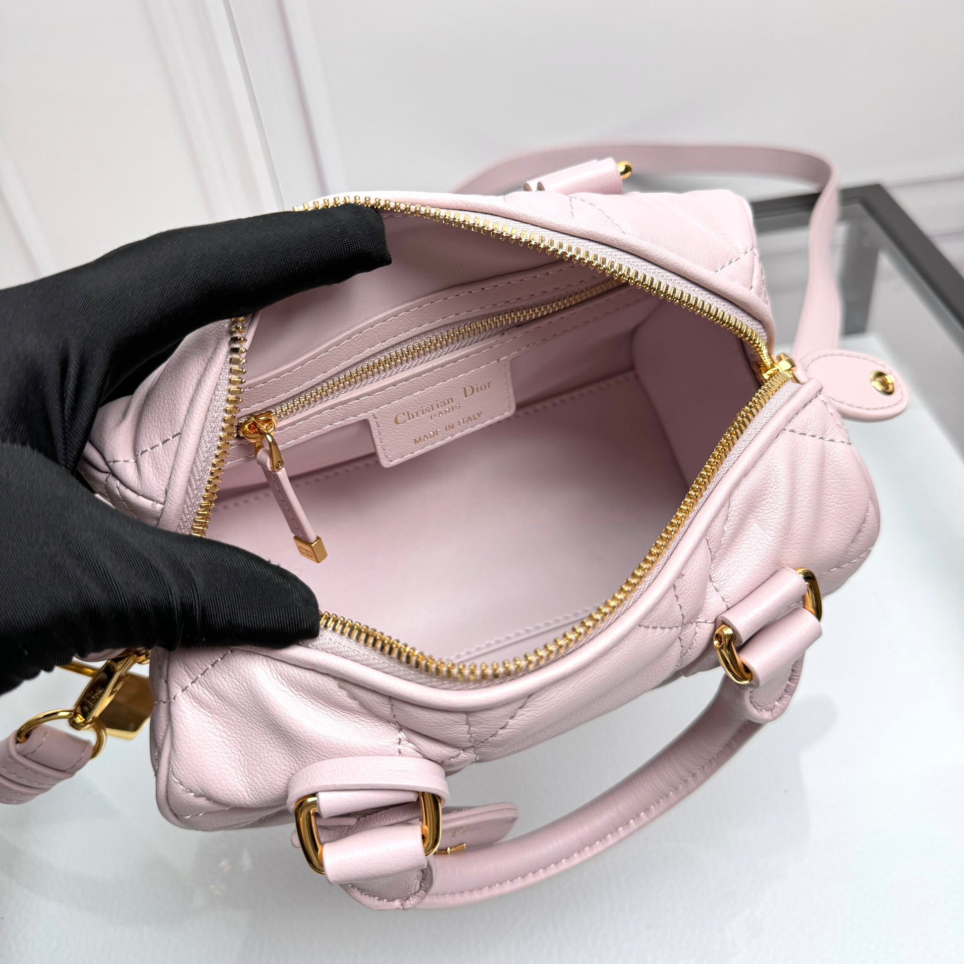 Christian Dior Small Lavender Cannage Lambskin Bowling Bag with Shoulder Strap