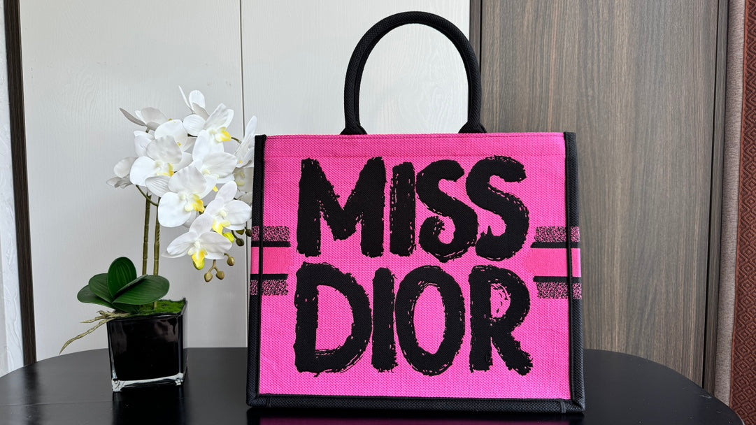 Christian Dior Large Miss Dior Book Tote Bag in Pink Canvas with Black Graffiti Text