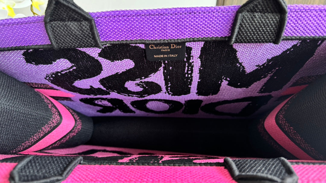 Christian Dior Large Miss Dior Book Tote Bag in Pink Canvas with Black Graffiti Text
