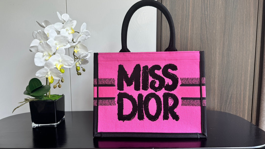 Miss Dior Pink Canvas Tote Bag with Black Graffiti Logo and Handles