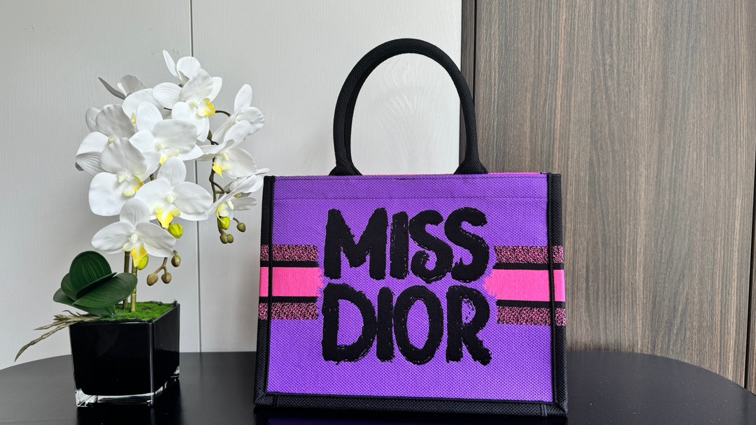 Dior Miss Dior Book Tote Pink Canvas Bag with Black Embroidery