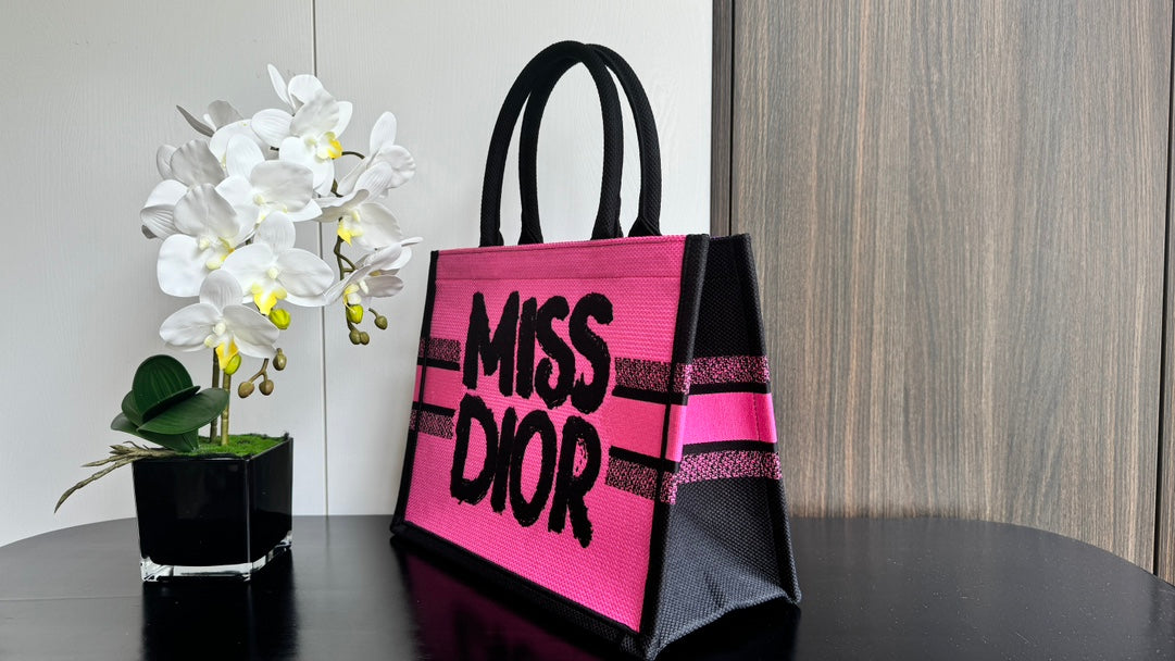 Miss Dior Pink Canvas Tote Bag with Black Graffiti Logo and Handles