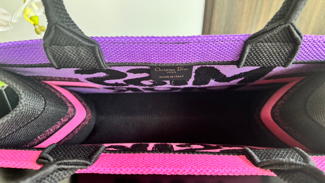 Dior Hot Pink and Black Canvas Tote Handbag with Graffiti Lettering