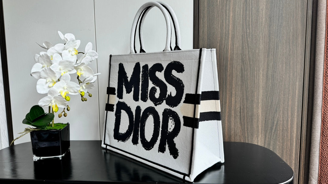 Miss Dior Large Canvas Tote Bag - White & Black Graphic Print Handbag