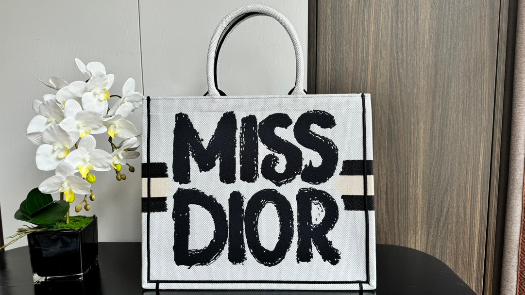 Dior Large White Canvas Tote Bag with Bold Black Lettering Print
