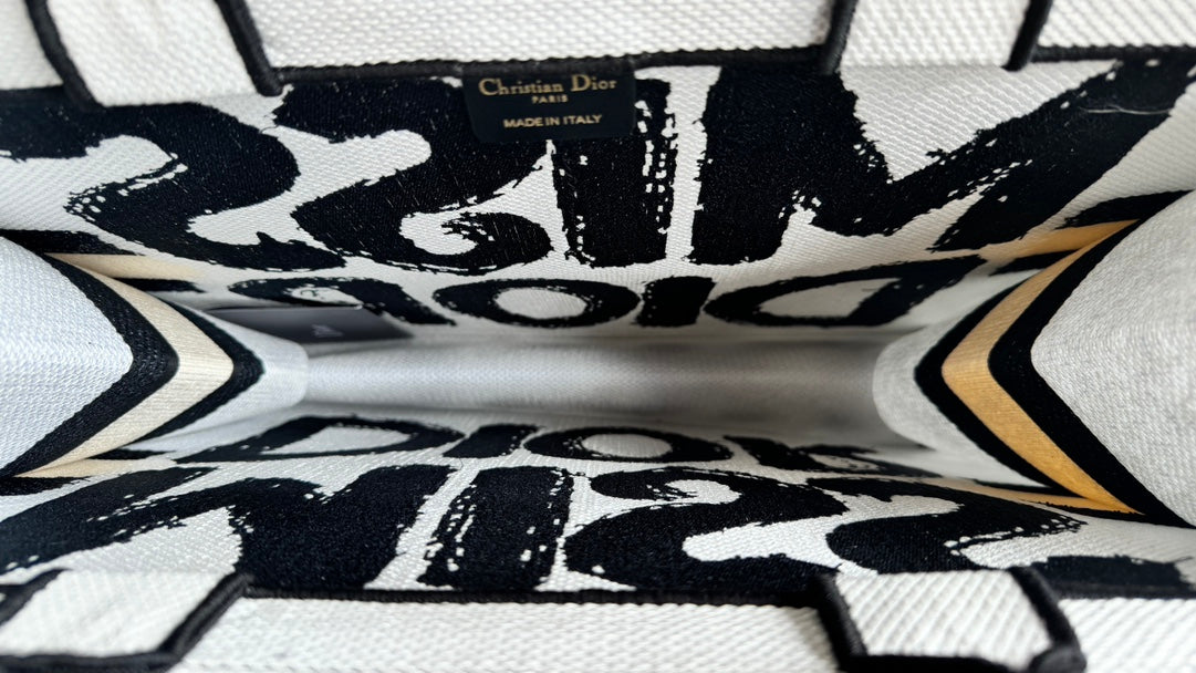 Miss Dior Large Canvas Tote Bag - White & Black Graphic Print Handbag
