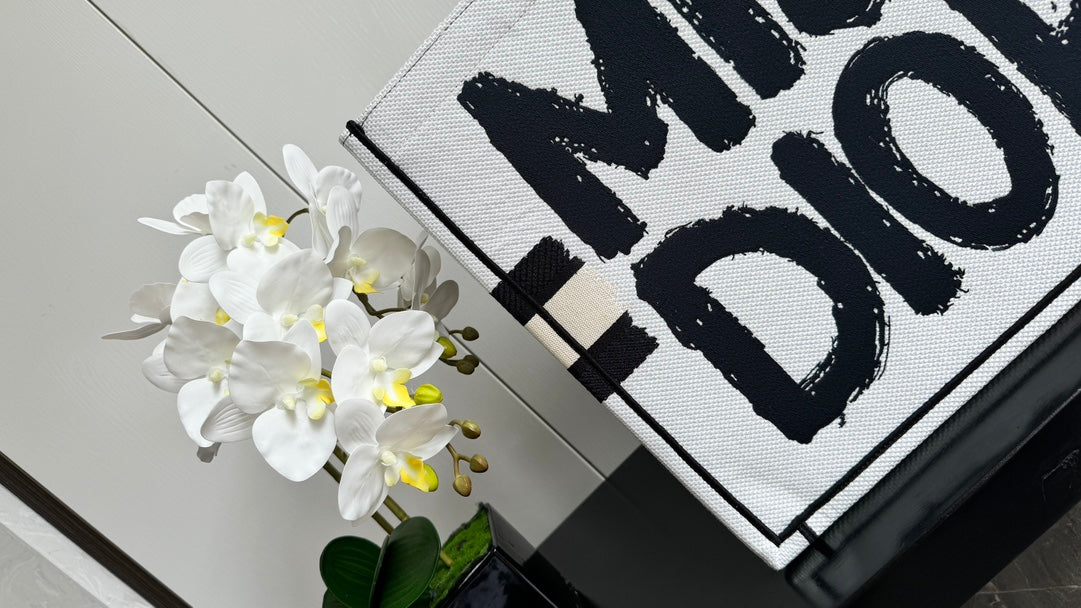 Dior Large White Canvas Tote Bag with Bold Black Lettering Print