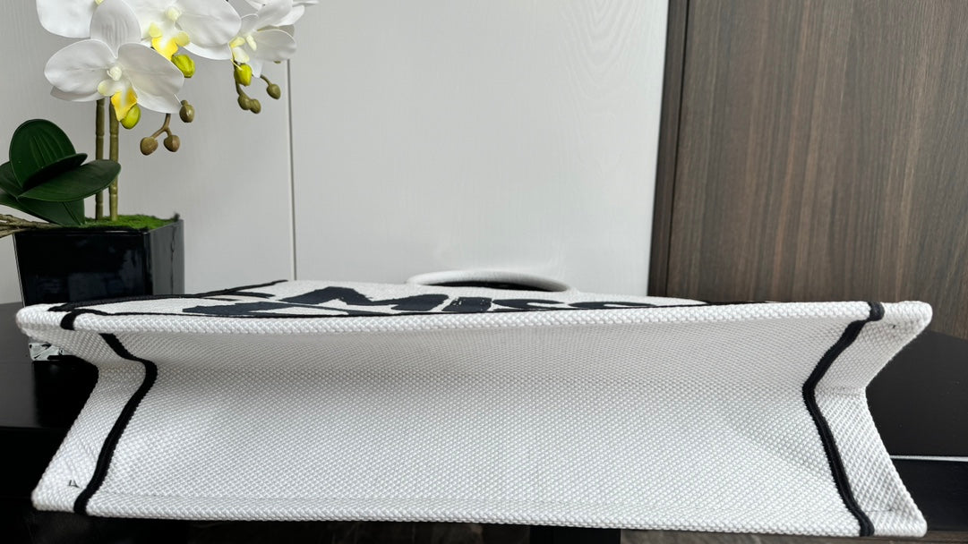 Miss Dior Large Canvas Tote Bag - White & Black Graphic Print Handbag
