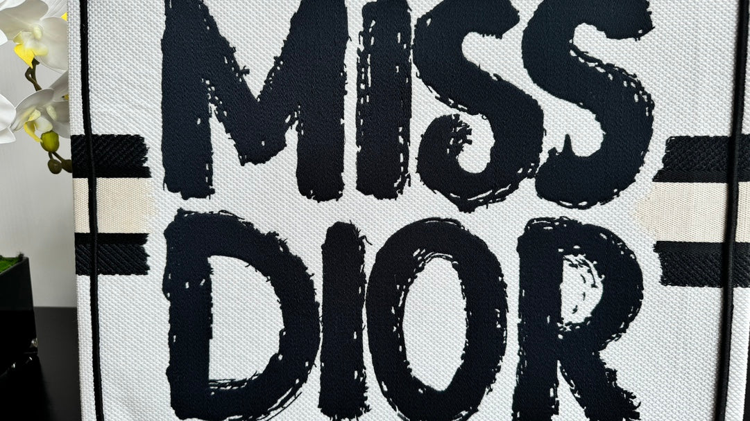 Miss Dior Large Canvas Tote Bag - White & Black Graphic Print Handbag