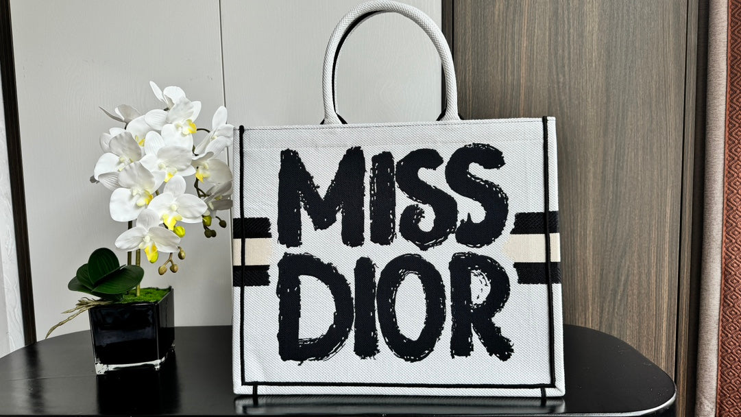 Miss Dior Large Canvas Tote Bag - White & Black Graphic Print Handbag