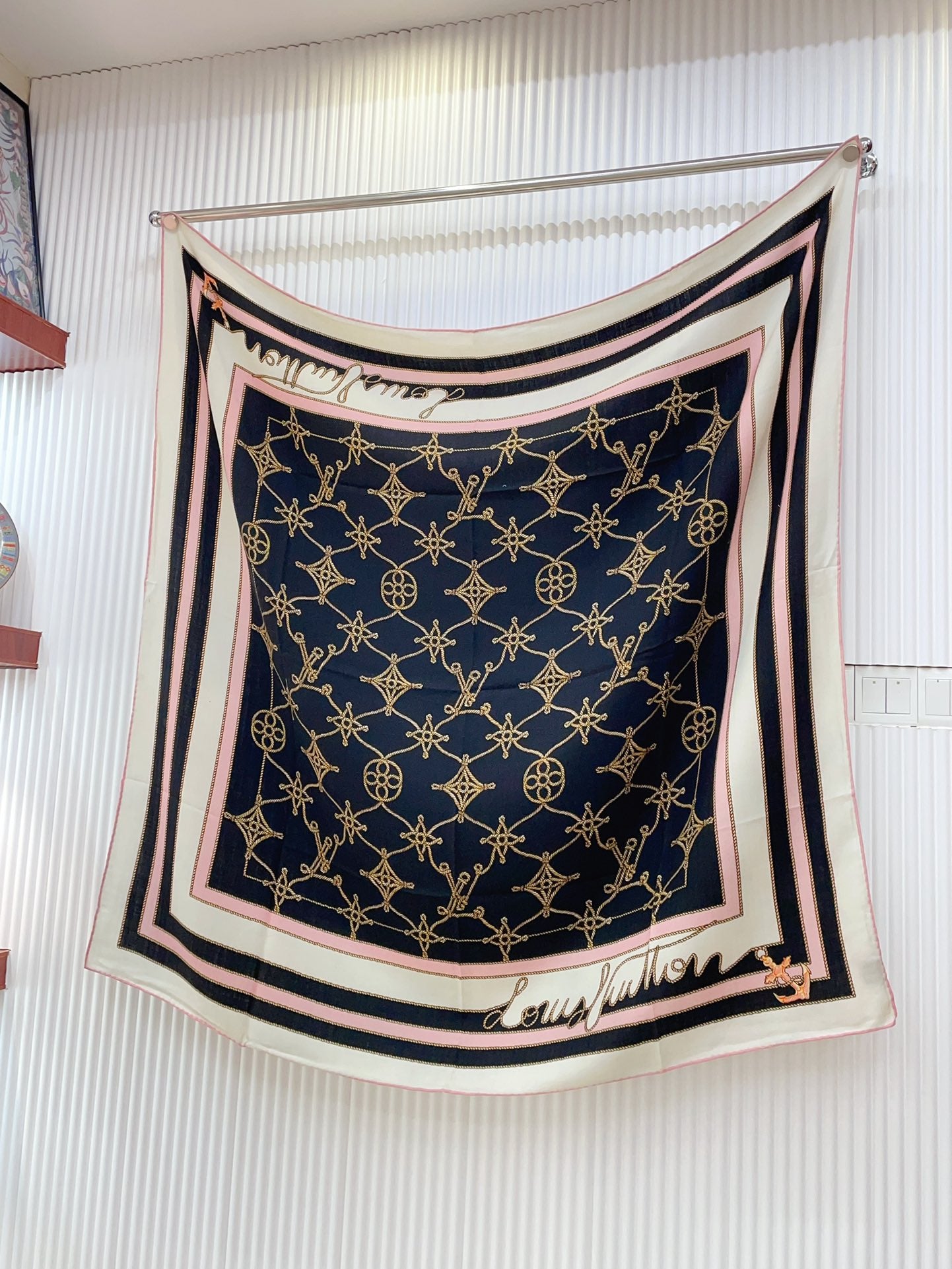 Women's Elegant Large Scarf Shawl - Black, Pink and White Geometric Chain Print Wrap for Ladies