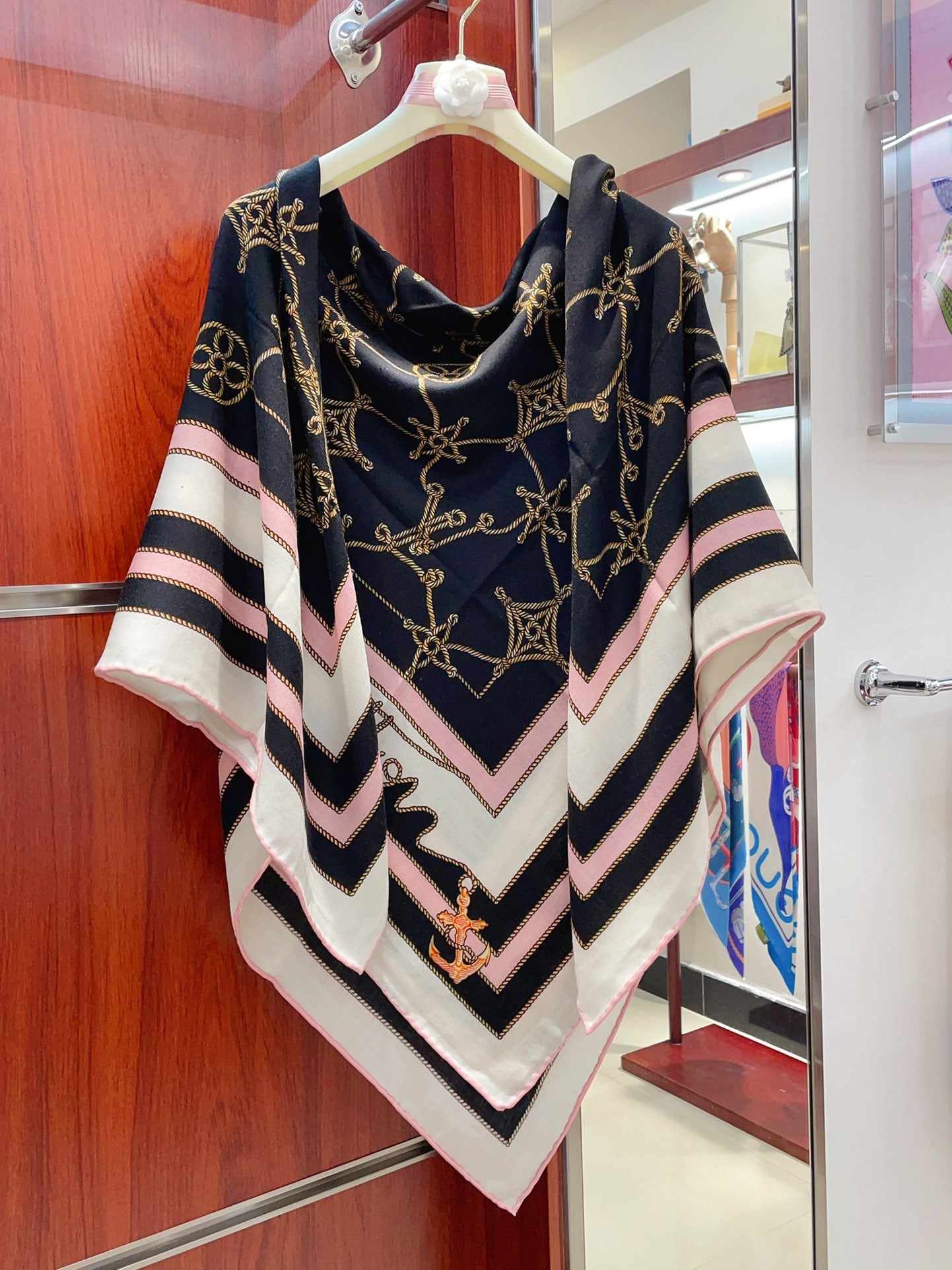 Women's Elegant Large Scarf Shawl - Black, Pink and White Geometric Chain Print Wrap for Ladies