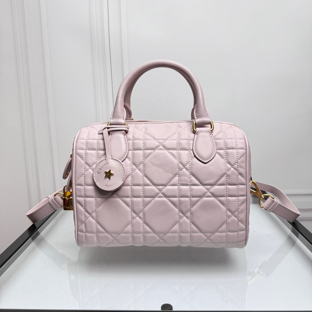 Women's Light Pink Quilted Leather Bowling Bag with Star Charm and Shoulder Strap