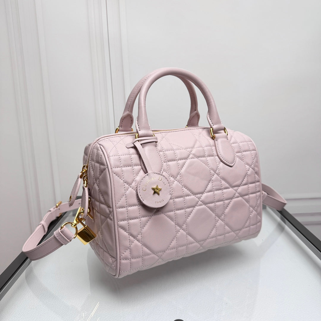 Women's Light Pink Quilted Leather Bowling Bag with Star Charm and Shoulder Strap