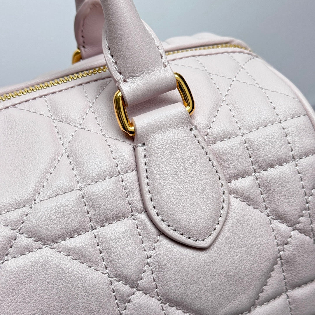 Women's Light Pink Quilted Leather Bowling Bag with Star Charm and Shoulder Strap