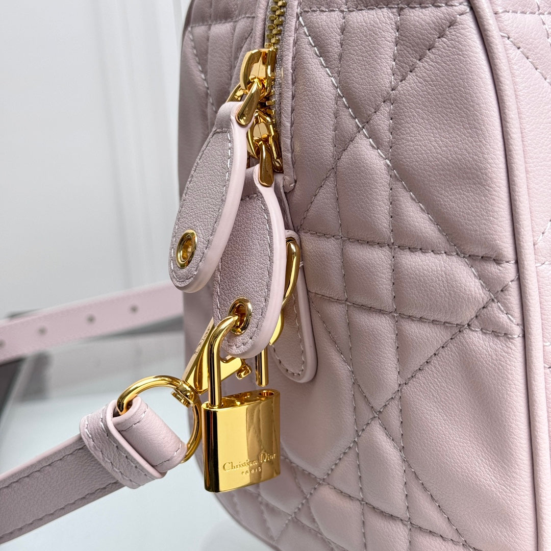 Women's Light Pink Quilted Leather Bowling Bag with Star Charm and Shoulder Strap