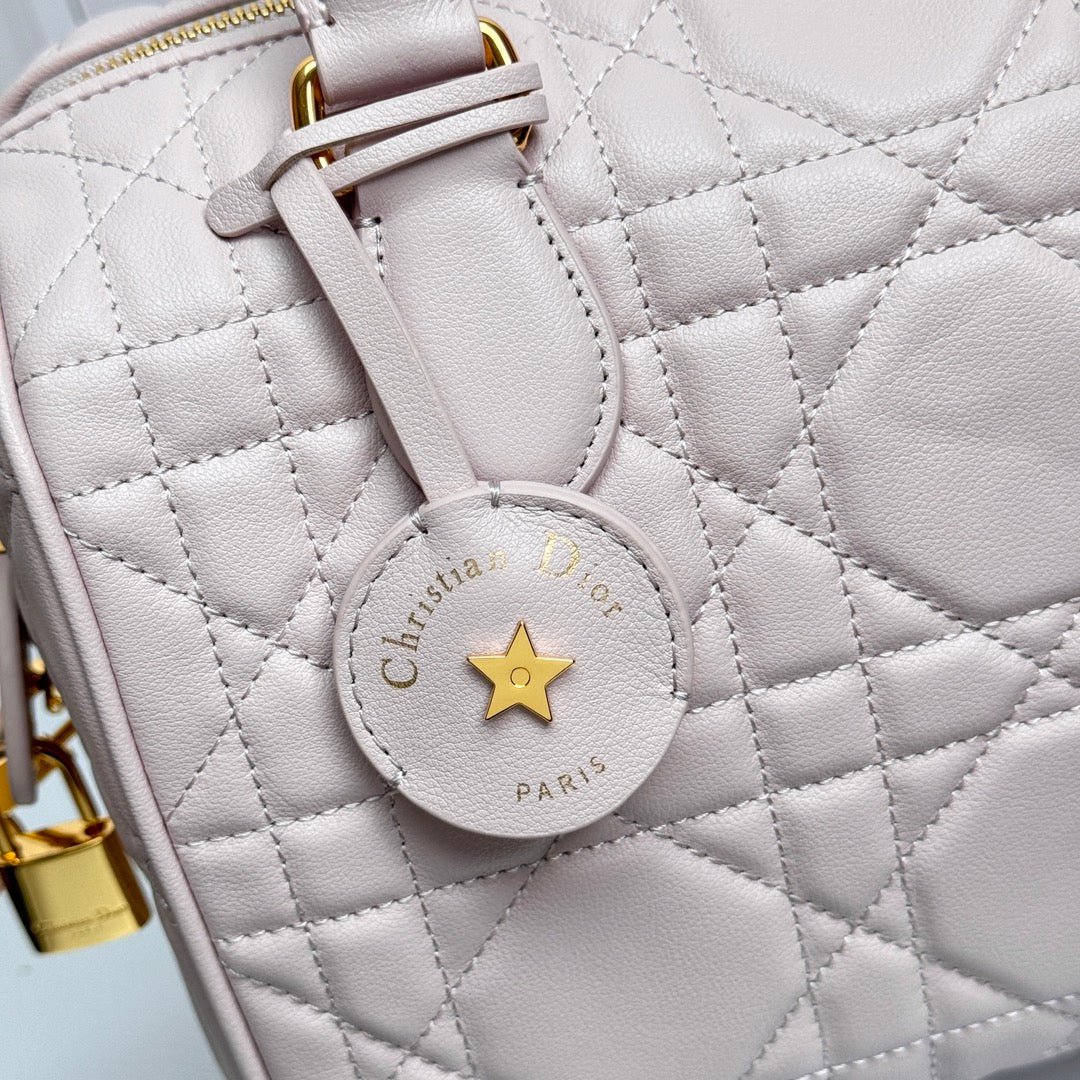 Women's Light Pink Quilted Leather Bowling Bag with Star Charm and Shoulder Strap