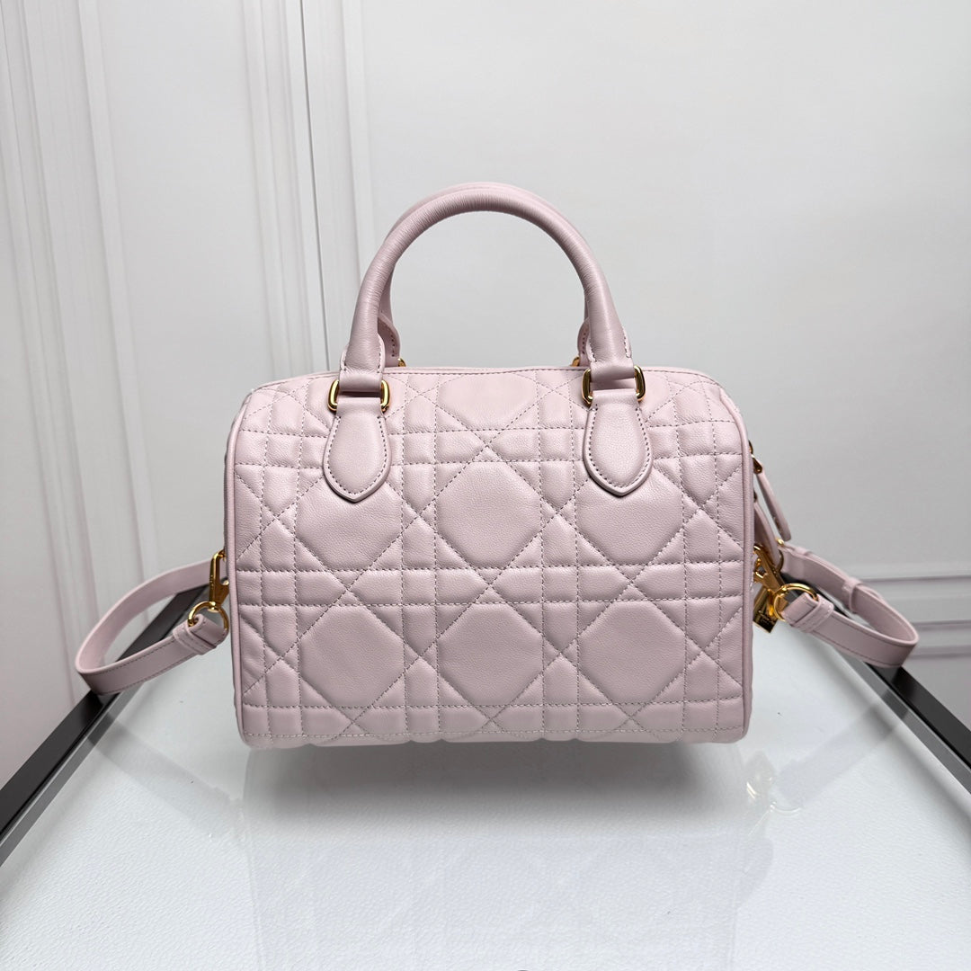 Women's Light Pink Quilted Leather Bowling Bag with Star Charm and Shoulder Strap