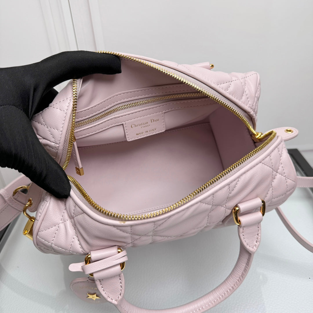 Women's Light Pink Quilted Leather Bowling Bag with Star Charm and Shoulder Strap