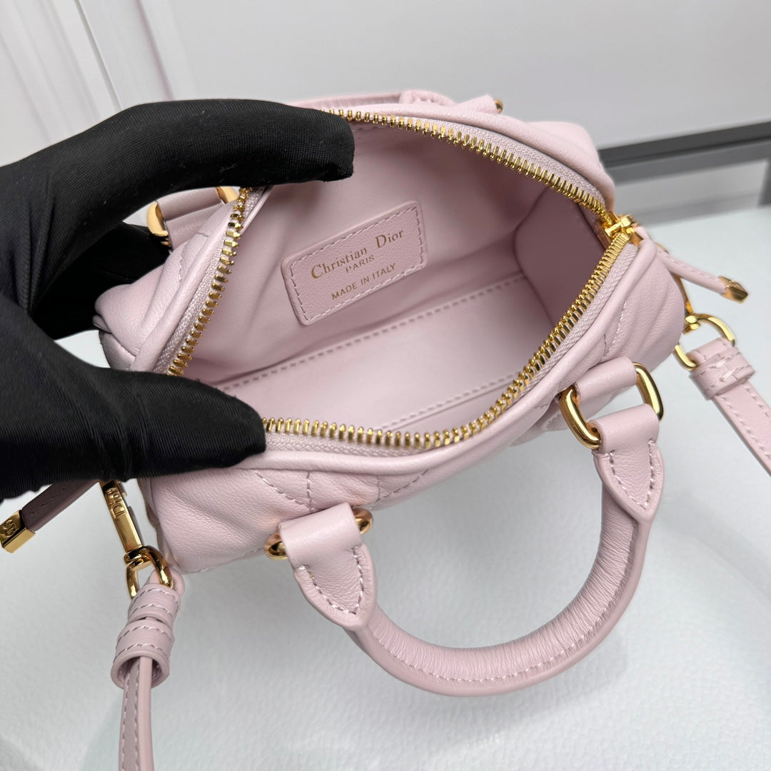 Luxury Mini Quilted Leather Top Handle Bag - Light Pink Crossbody with Gold Hardware