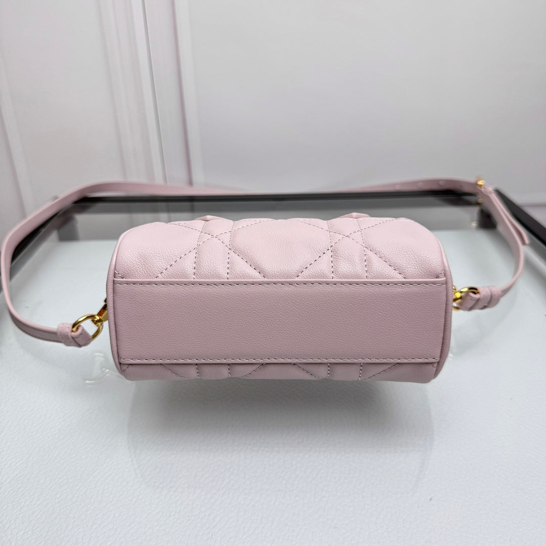 Mini Cannage Quilted Leather Bowling Bag with Top Handles - Soft Pink